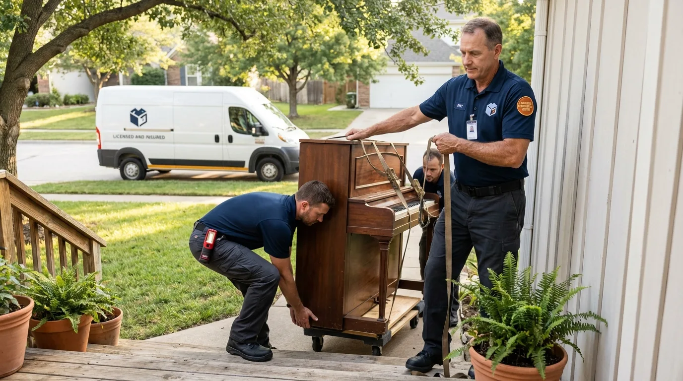Licensed piano movers securing grand piano in Jackson, MO