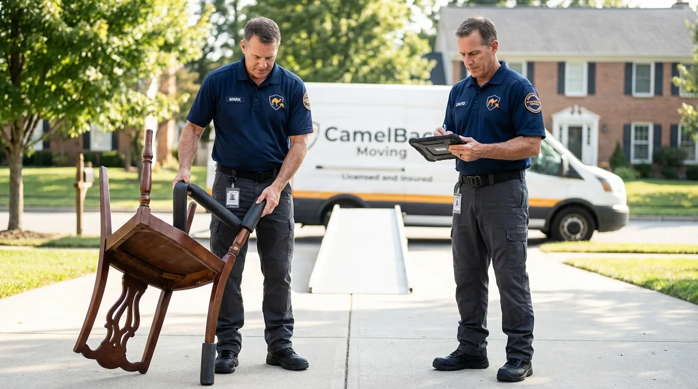 Movers inspecting furniture for damage prevention before loading in Jackson, MO